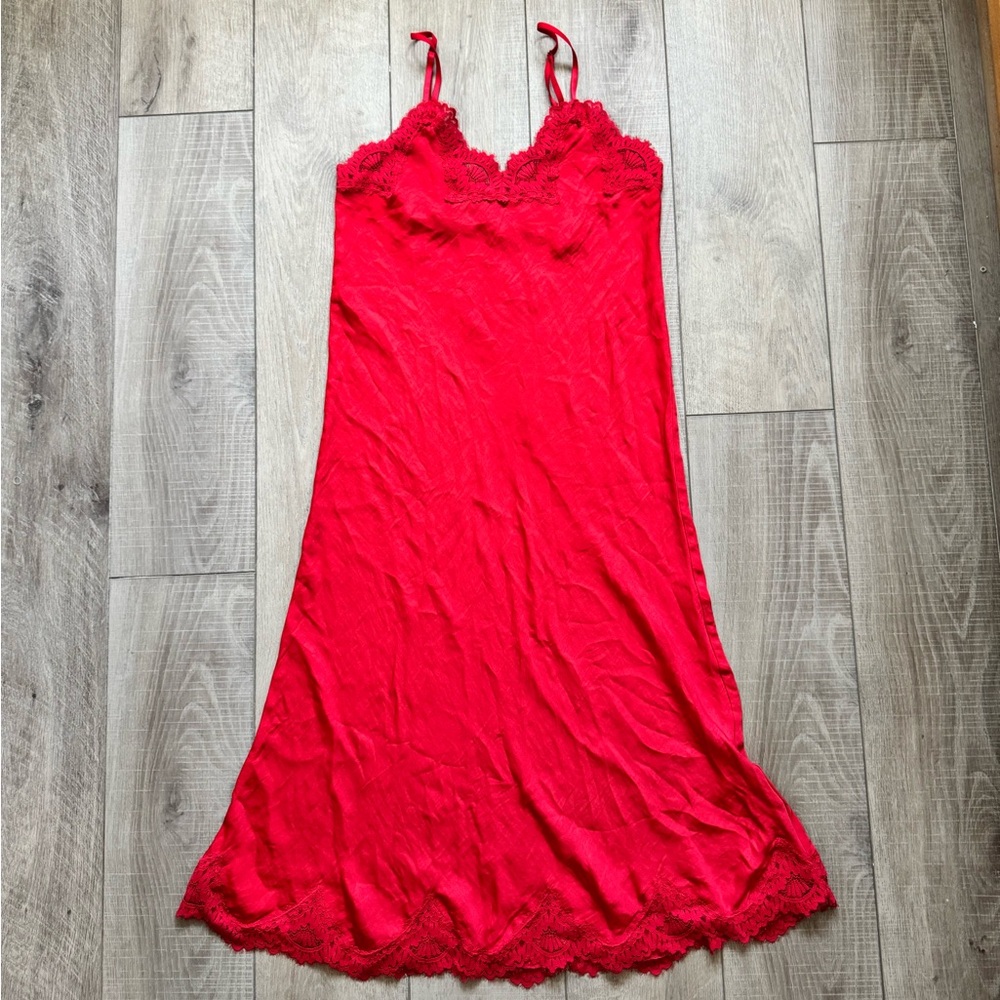 Aerie Red Silky Slip Dress with Lace Trim Size Med Flowy Sexy Date Night Luxury